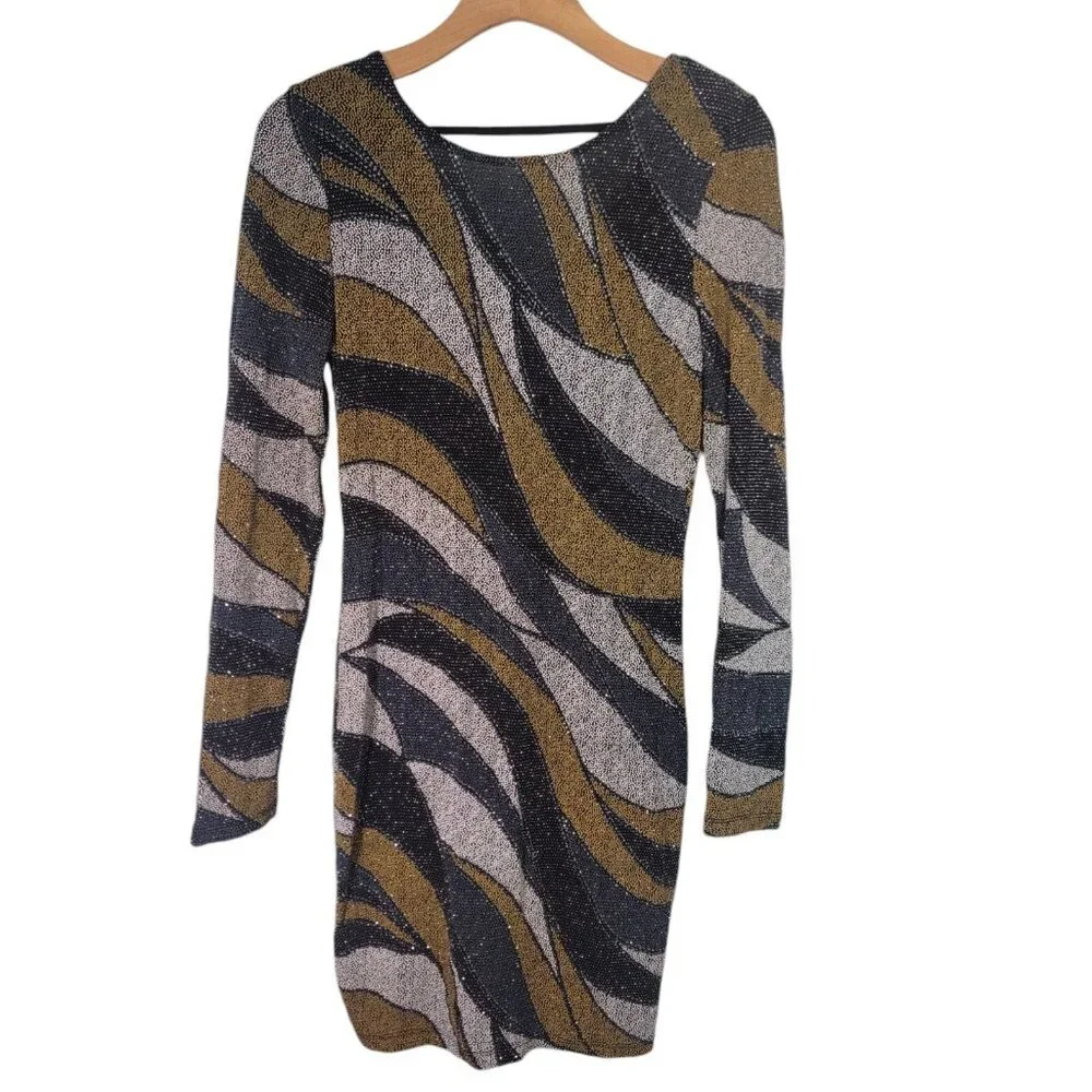 Privy Mini Dress Black Gold Sequin Long Sleeve Open Draped‎ Back Size Small EUC